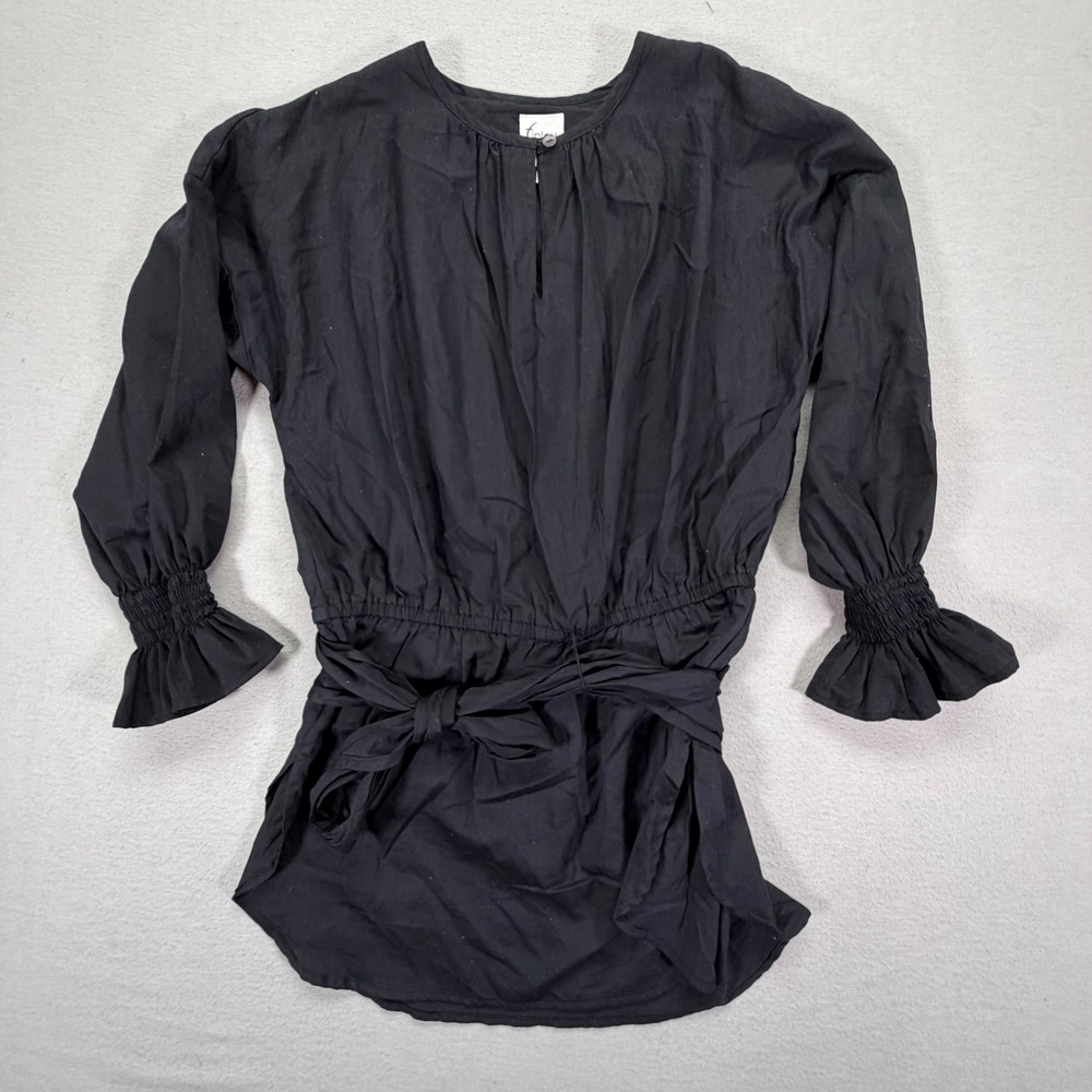 Finley Tunic Blouse Womens Size M Black Smocked Cuff Tie Waist Cotton